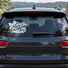 Sass in the Fast Lane Car Window Decal shown on a vehicle window