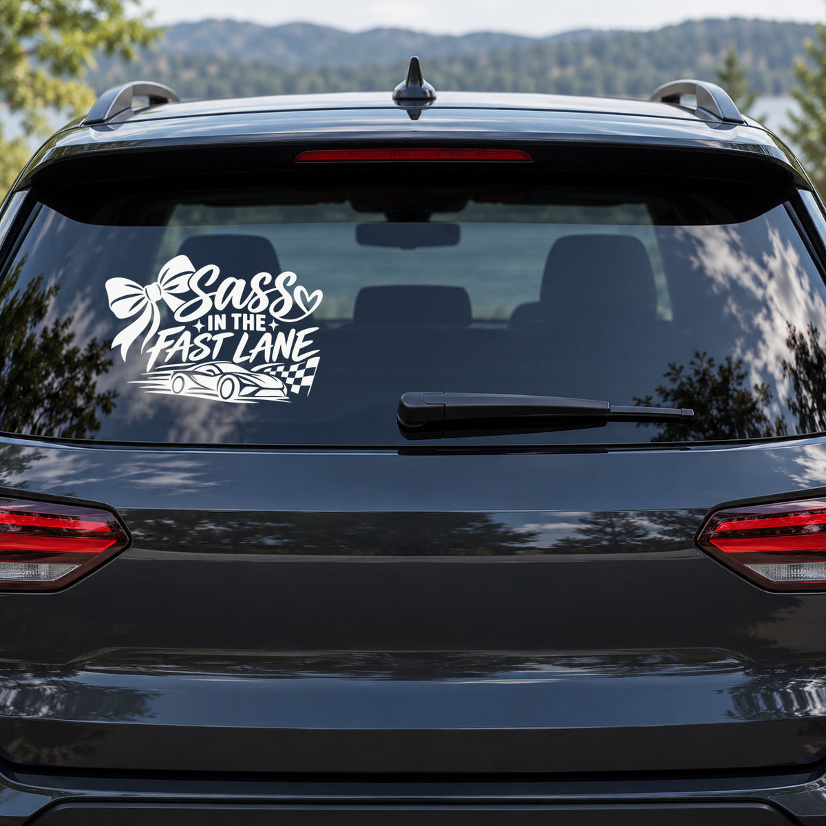 Sass in the Fast Lane Car Window Decal shown on a vehicle window