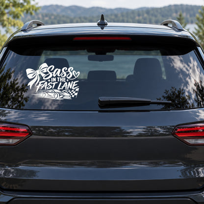 Sass in the Fast Lane Car Window Decal shown on a vehicle window