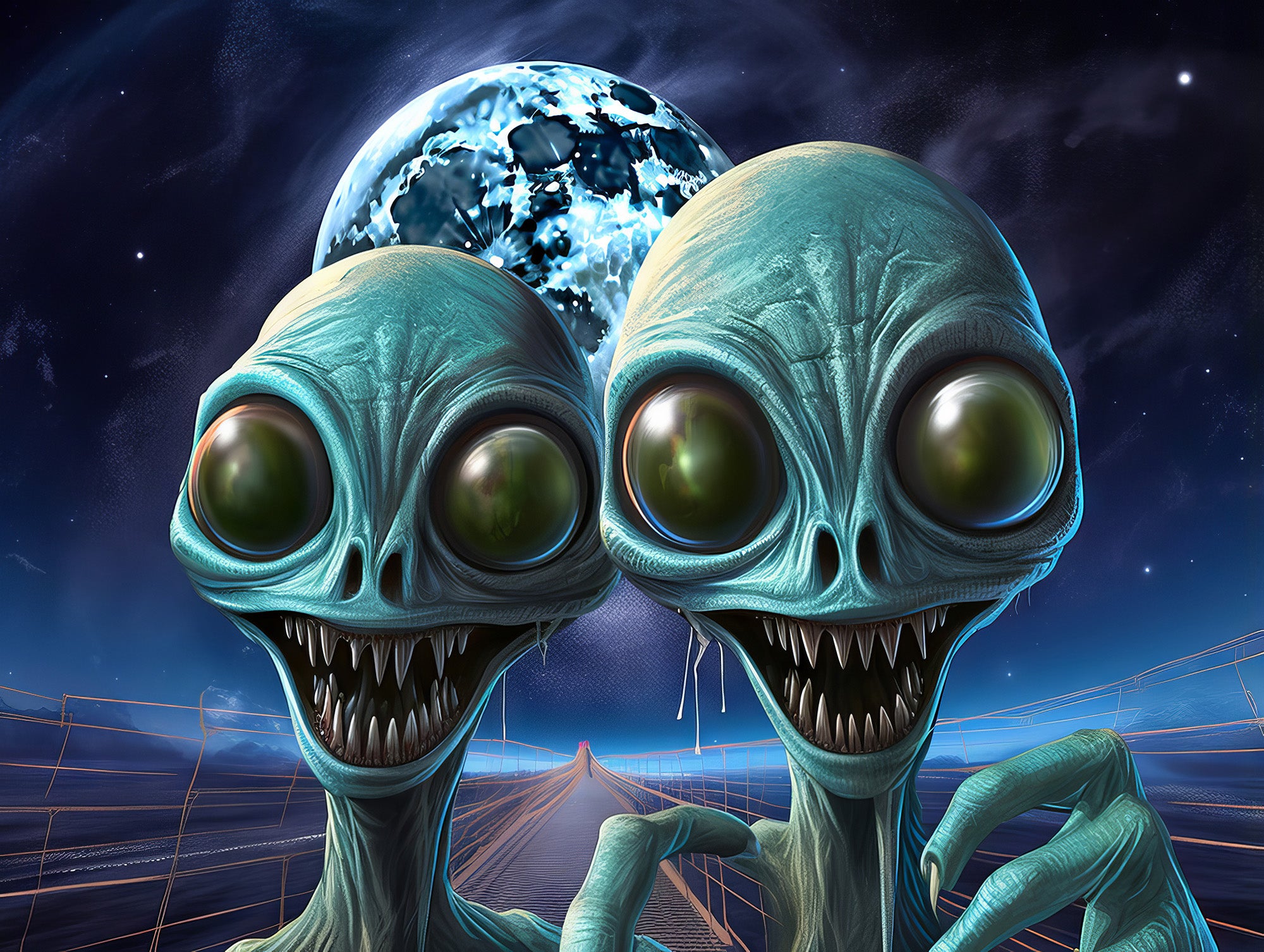Scary Alien Wall Mural Sharp Teeth Taking Selfies Wallpaper – Let's ...