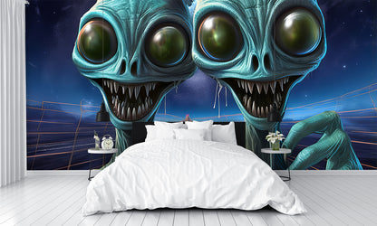Scary Alien Wall Mural Sharp Teeth Taking Selfies Wallpaper bedroom