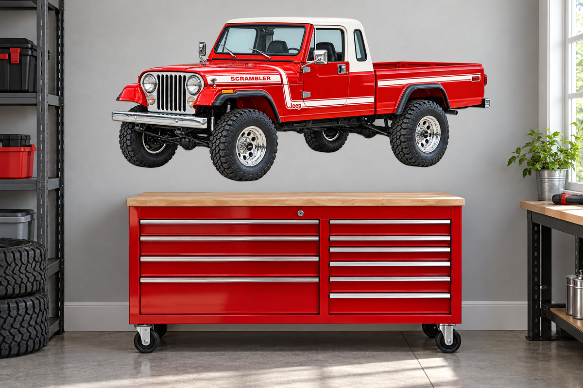 1981 Jeep Scrambler CJ-8 Bright Red & White garage mockup