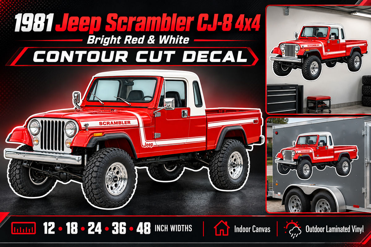 1981 Jeep Scrambler CJ-8 Bright Red & White decal showcase