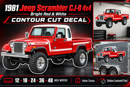 1981 Jeep Scrambler CJ-8 Bright Red & White decal showcase