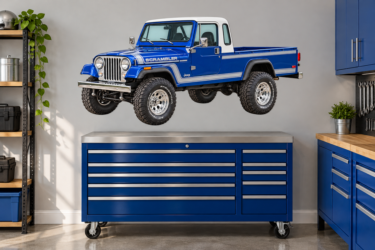 1983 Jeep Scrambler CJ-8 Royal Blue & Silver garage mockup