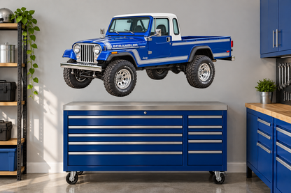 1983 Jeep Scrambler CJ-8 Royal Blue & Silver garage mockup