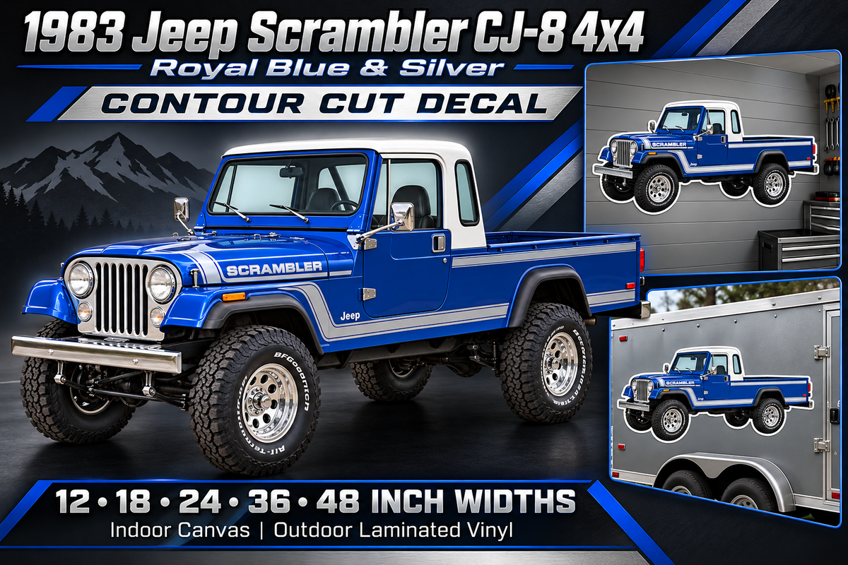 1983 Jeep Scrambler CJ-8 Royal Blue & Silver decal showcase