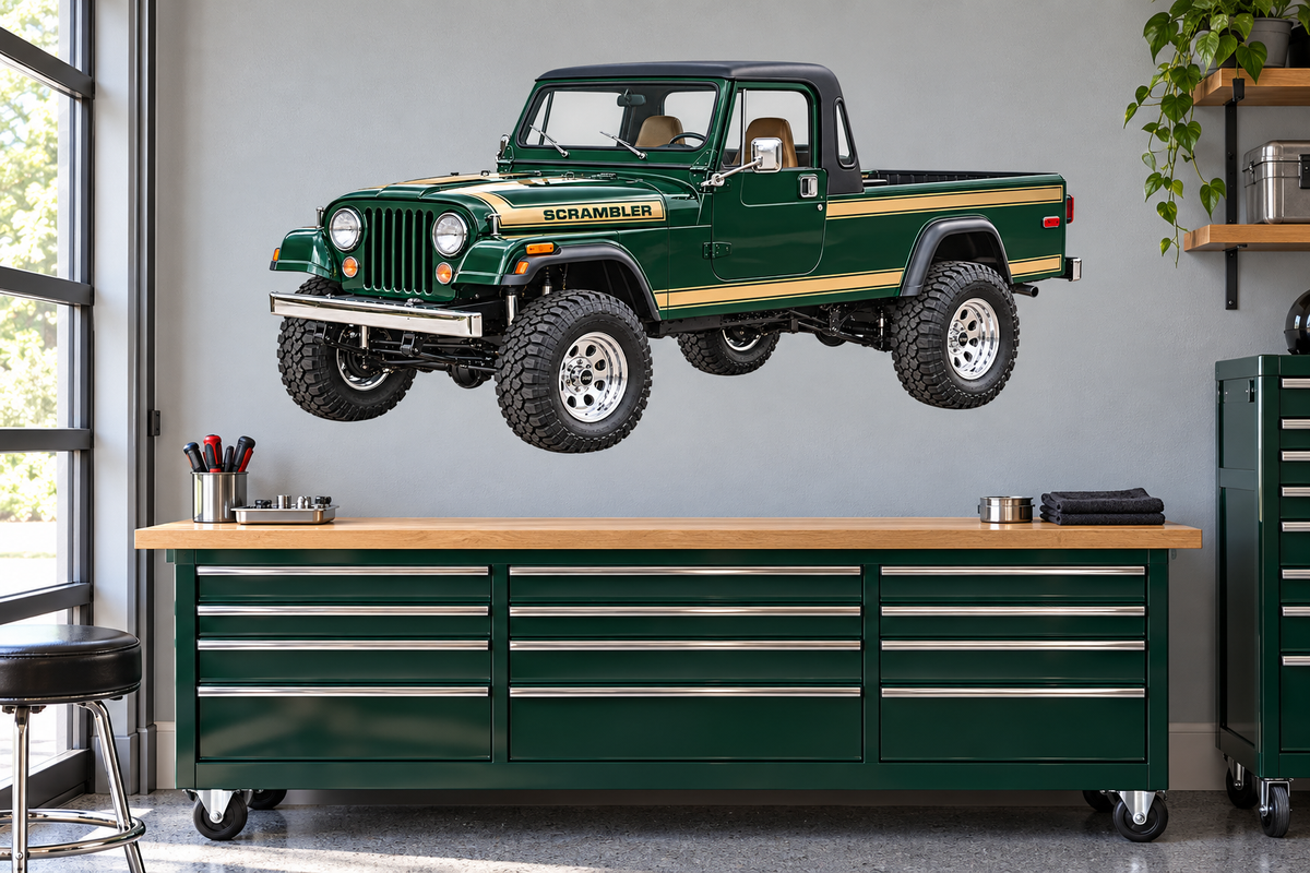 1984 Jeep Scrambler CJ-8 Forest Green & Tan garage mockup