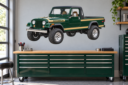1984 Jeep Scrambler CJ-8 Forest Green & Tan garage mockup
