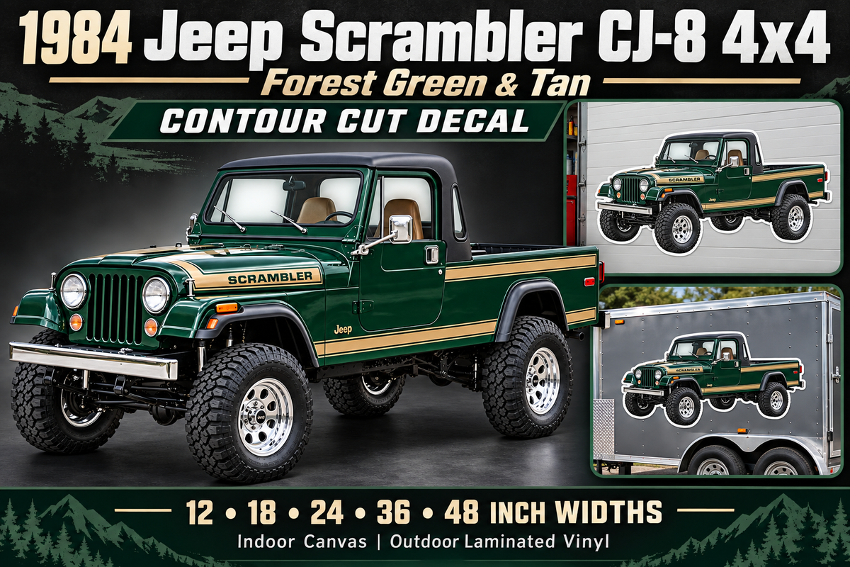 1984 Jeep Scrambler CJ-8 Forest Green & Tan decal showcase