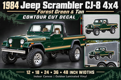 1984 Jeep Scrambler CJ-8 Forest Green & Tan decal showcase