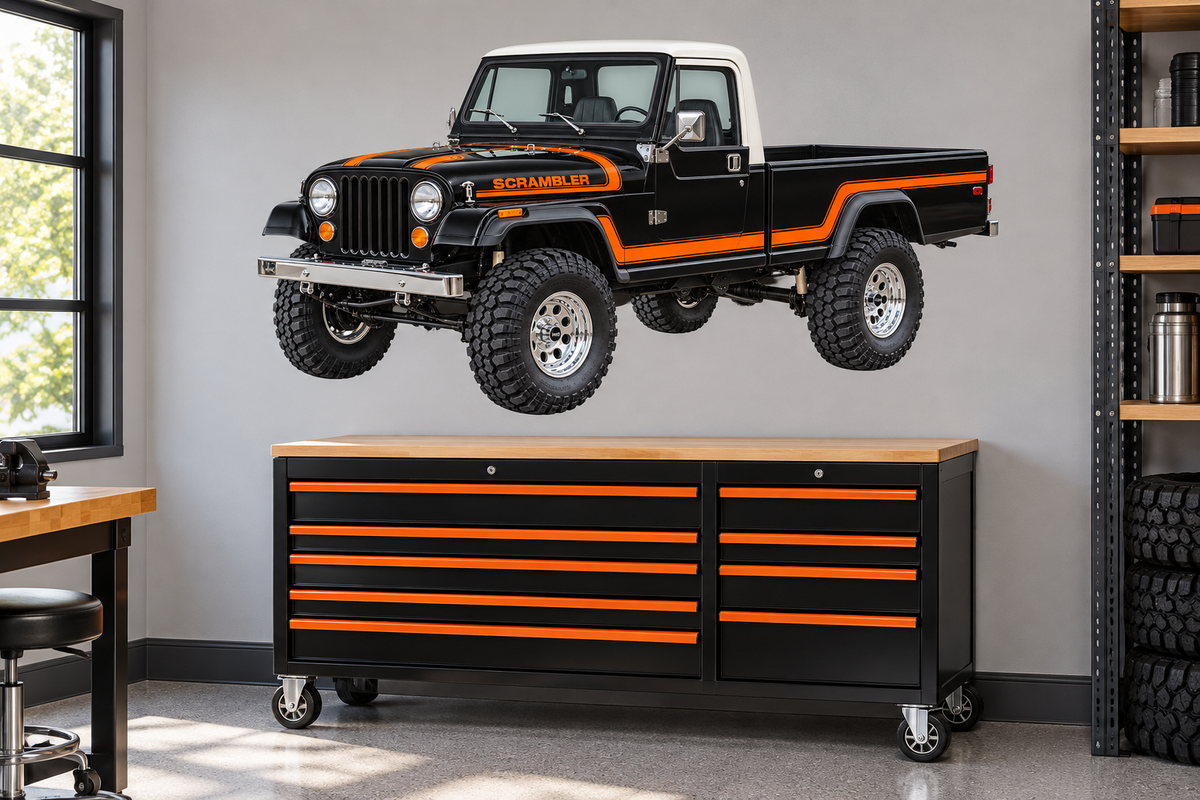 1985 Jeep Scrambler CJ-8 Jet Black & Orange garage mockup