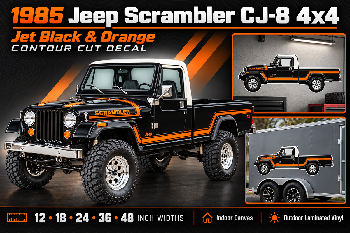 1985 Jeep Scrambler CJ-8 Jet Black & Orange decal showcase
