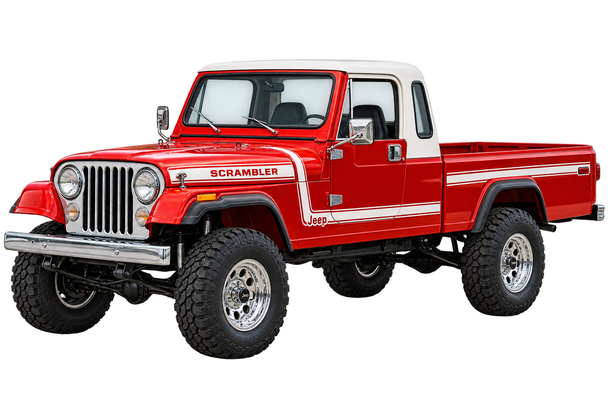 1981 Jeep Scrambler CJ-8 Bright Red & White 4x4 transparent contour cut decal artwork