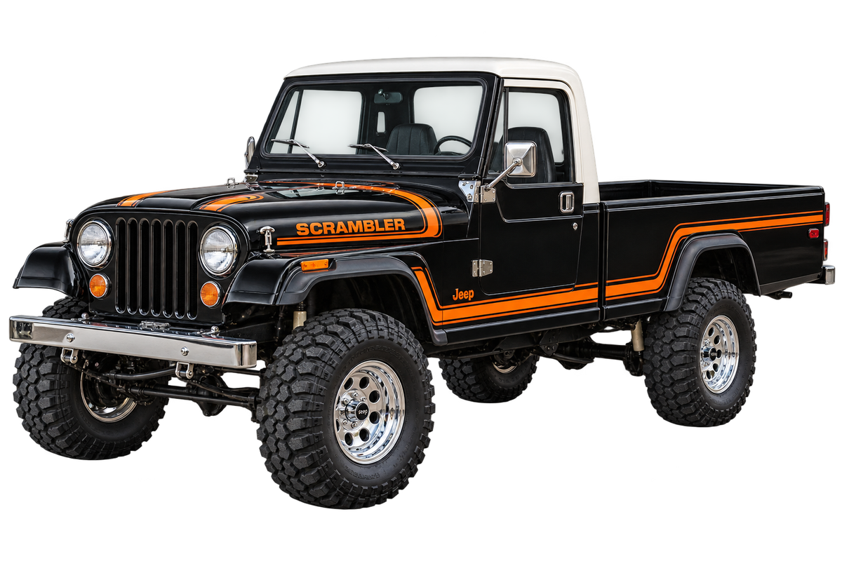 1985 Jeep Scrambler CJ-8 Jet Black & Orange 4x4 transparent contour cut decal artwork