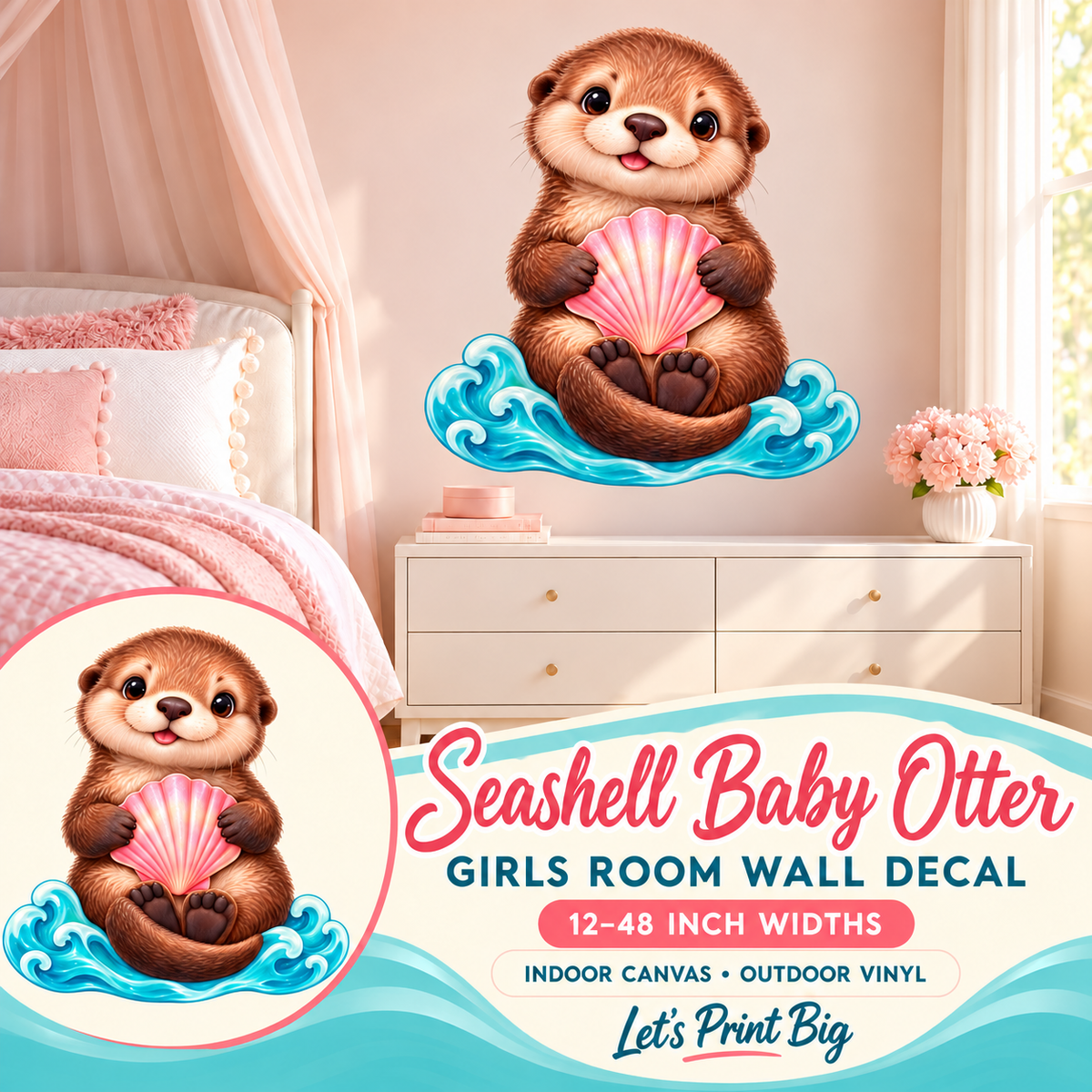 Seashell Baby Otter – Girls Room Wall Decal summary and bedroom mockup – 12 to 48 inch widths