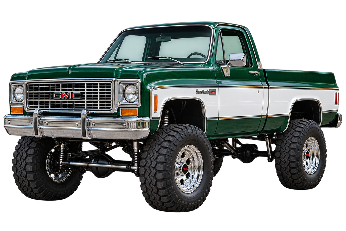 1976 GMC K1500 Sierra Grande Emerald Green & White 4x4 transparent contour cut decal artwork