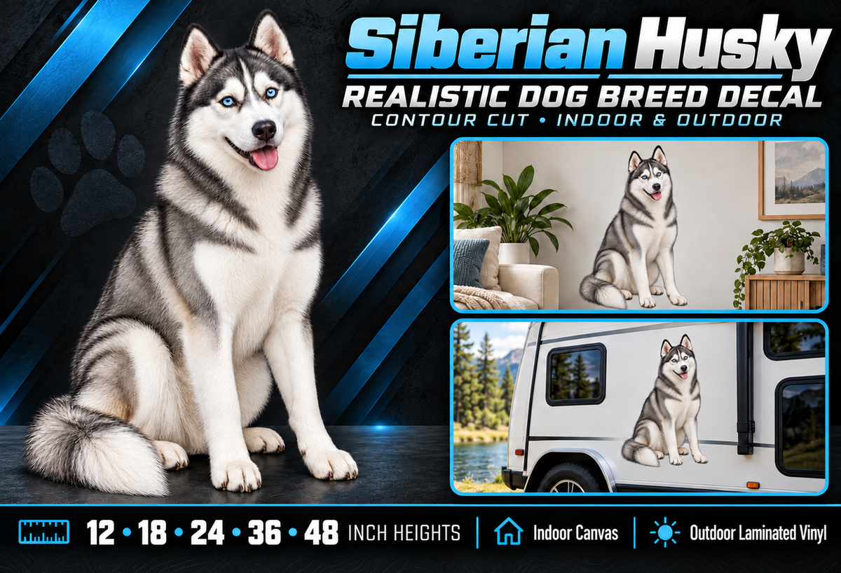 Siberian Husky decal summary — 12, 18, 24, 36 and 48 inch heights