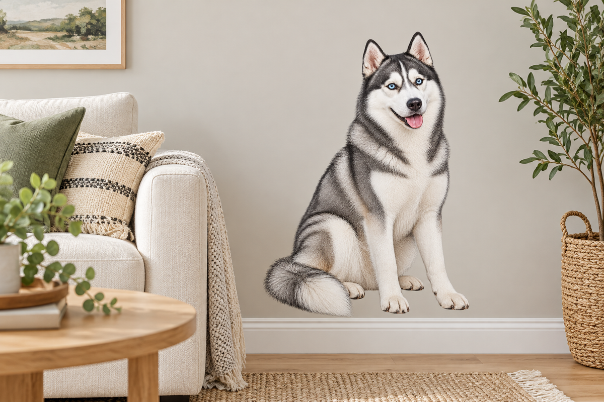 Siberian Husky contour cut dog decal living room wall mockup