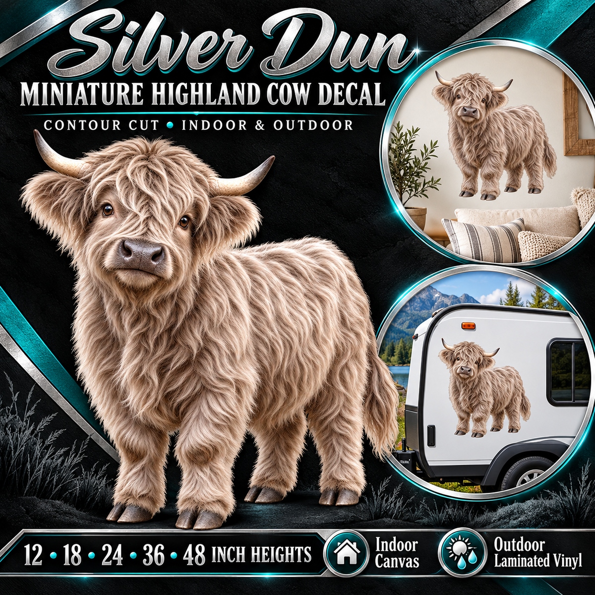 Silver Dun miniature Highland cow decal summary — 12 to 48 inch heights