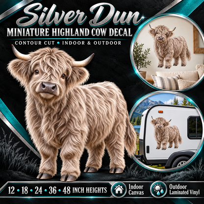 Silver Dun miniature Highland cow decal summary — 12 to 48 inch heights