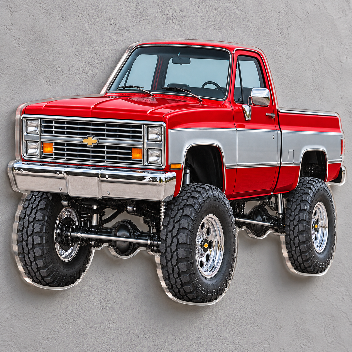 Angled wall view of 1987 Chevrolet Silverado acrylic sign showing the clear contour-cut edge and floating shadow