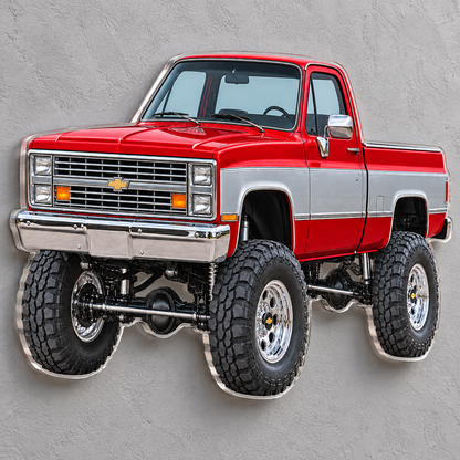 Angled wall view of 1987 Chevrolet Silverado acrylic sign showing the clear contour-cut edge and floating shadow
