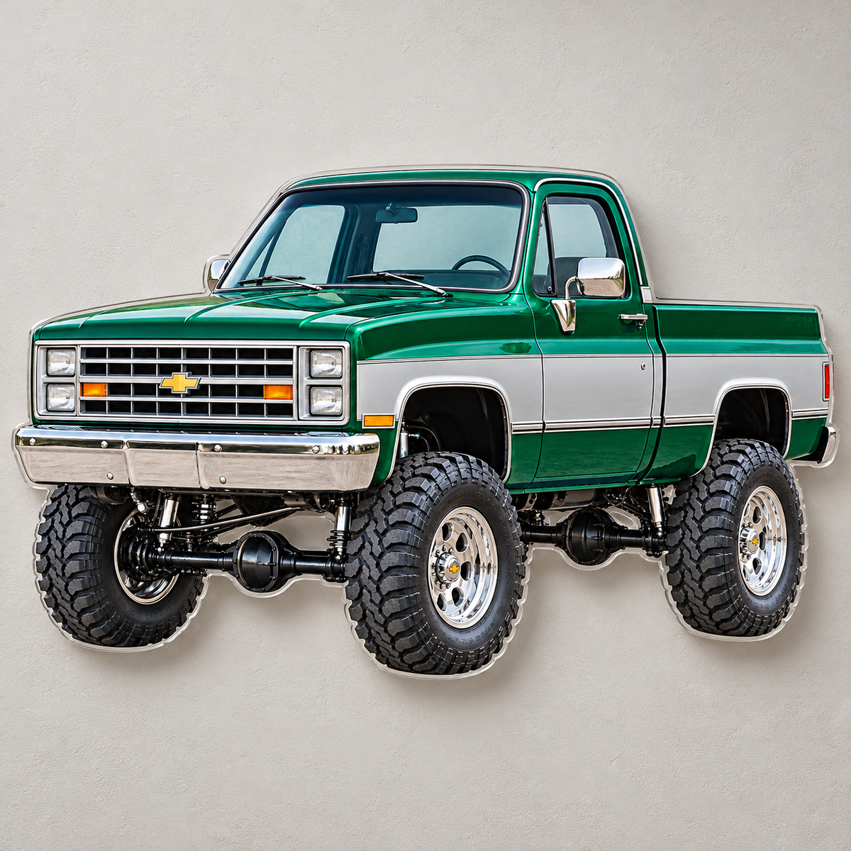 Emerald Green & Silver 1987 Chevrolet Silverado contour-cut acrylic wall sign with hidden standoffs