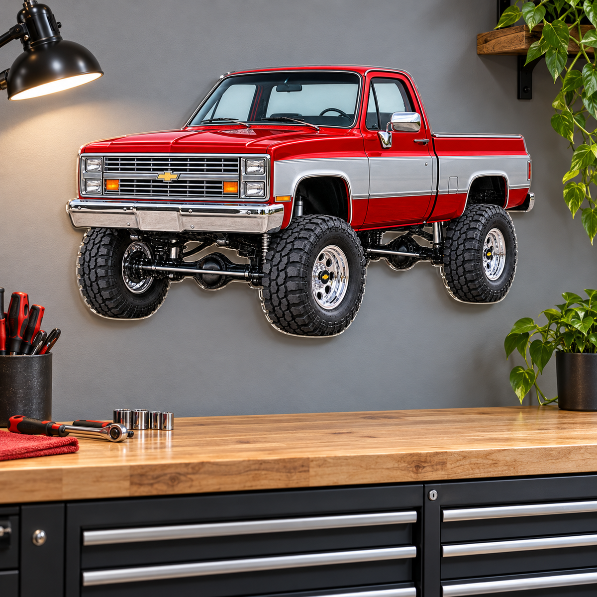 1987 Silverado red and silver contour-cut acrylic sign floating above a garage workbench on hidden standoffs