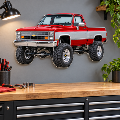 1987 Silverado red and silver contour-cut acrylic sign floating above a garage workbench on hidden standoffs