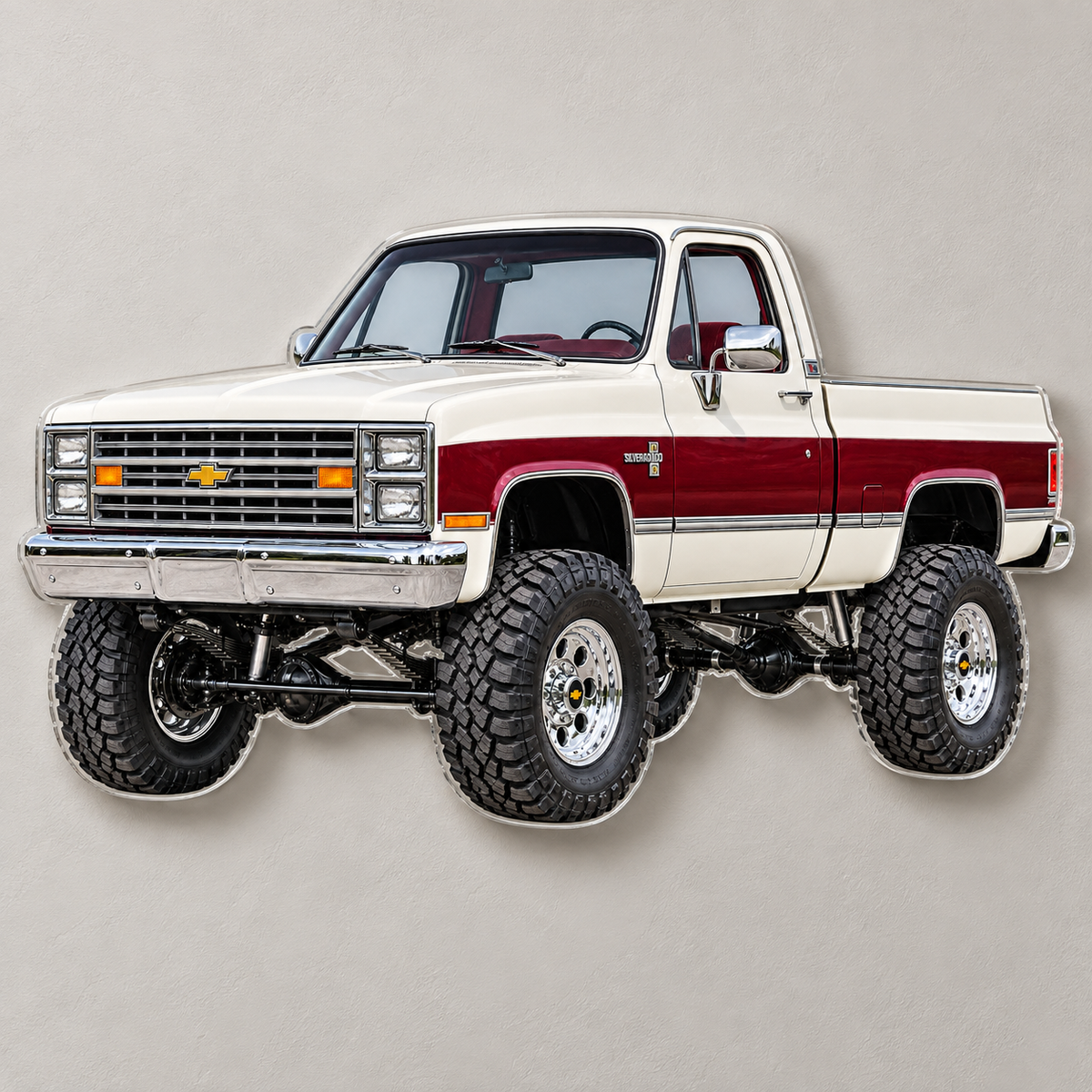 Pearl White & Burgundy 1987 Chevrolet Silverado contour-cut acrylic wall sign with hidden standoffs