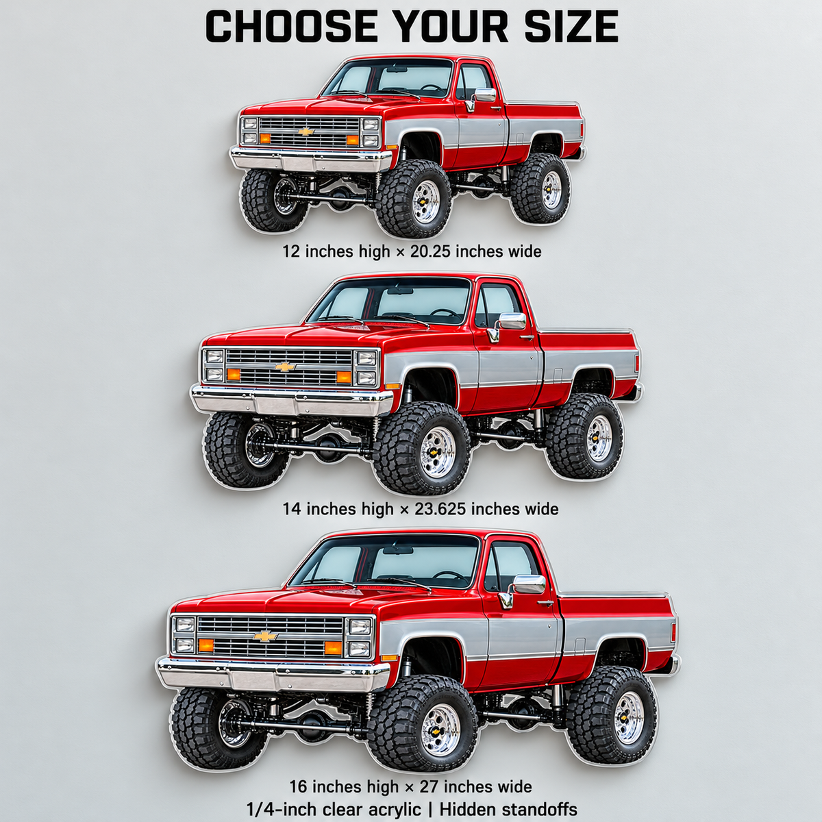 1987 Silverado acrylic sign dimension guide: 12, 14 and 16 inch heights with proportional widths