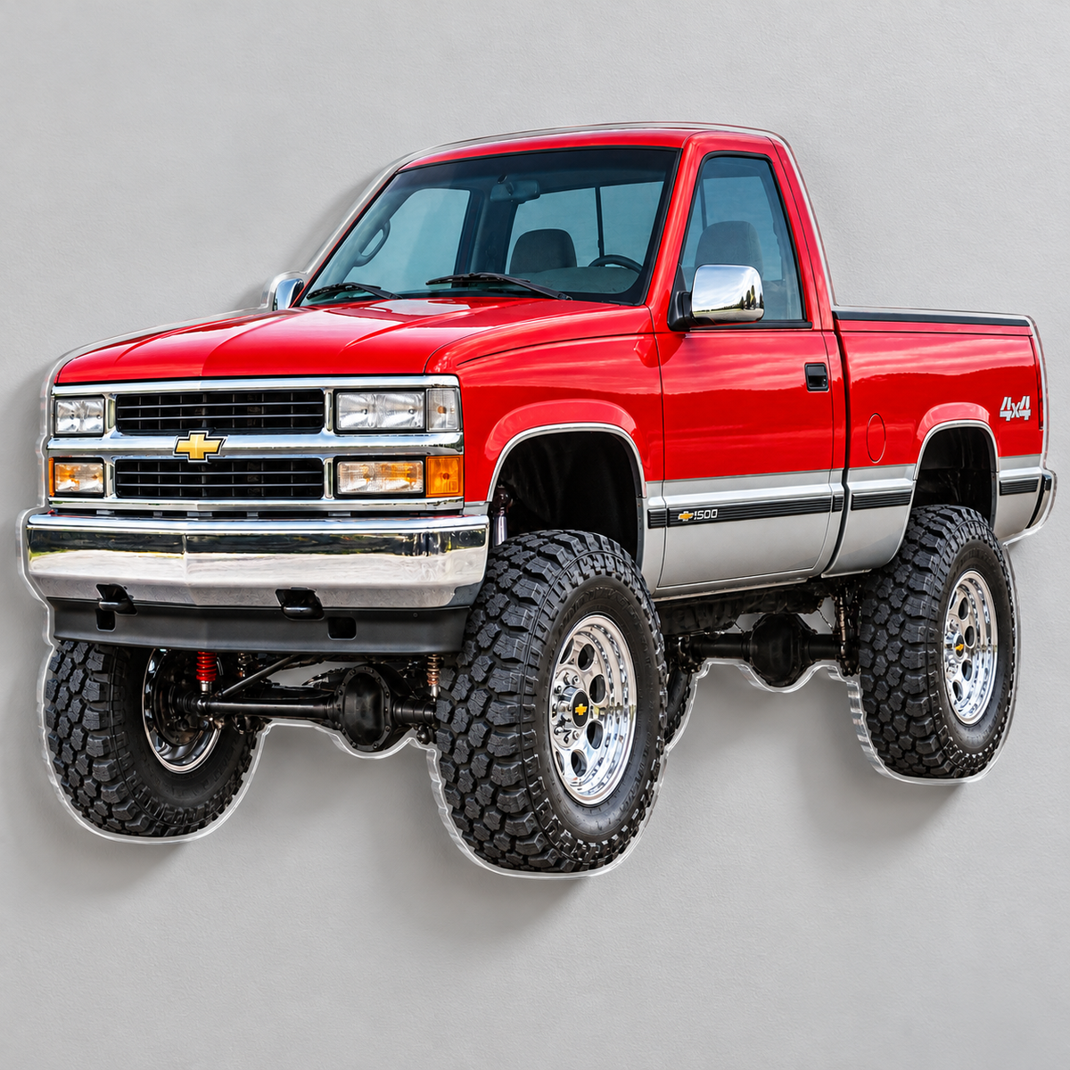Angled wall view of 1996 Chevrolet Silverado contour-cut acrylic sign with clear edge and hidden standoffs