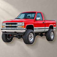 Victory Red & Silver 1996 Chevrolet Silverado contour-cut acrylic sign mounted on hidden standoffs