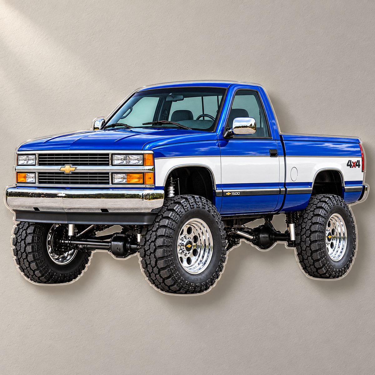 Cobalt Blue & White 1996 Silverado contour-cut acrylic wall sign mounted with hidden standoffs