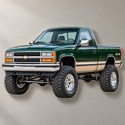 Forest Green & Tan 1996 Silverado contour-cut acrylic wall sign mounted with hidden standoffs