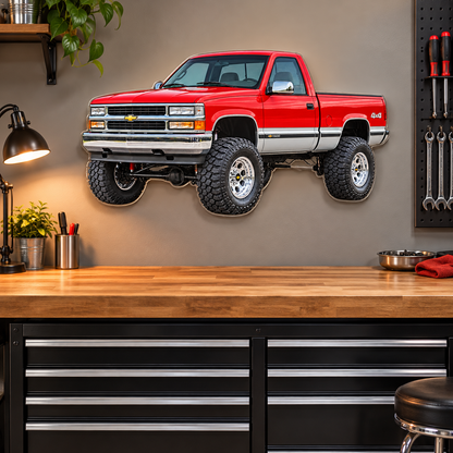 1996 Chevrolet Silverado acrylic sign floating above a garage workbench