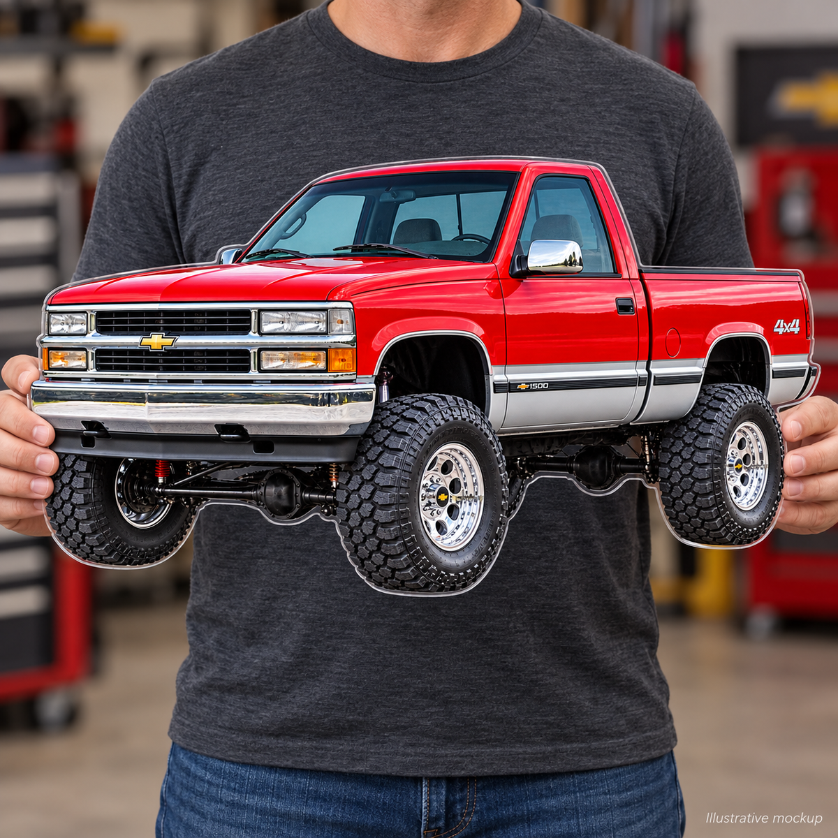 Person holding 1996 Silverado red and silver contour-cut acrylic sign, illustrative mockup