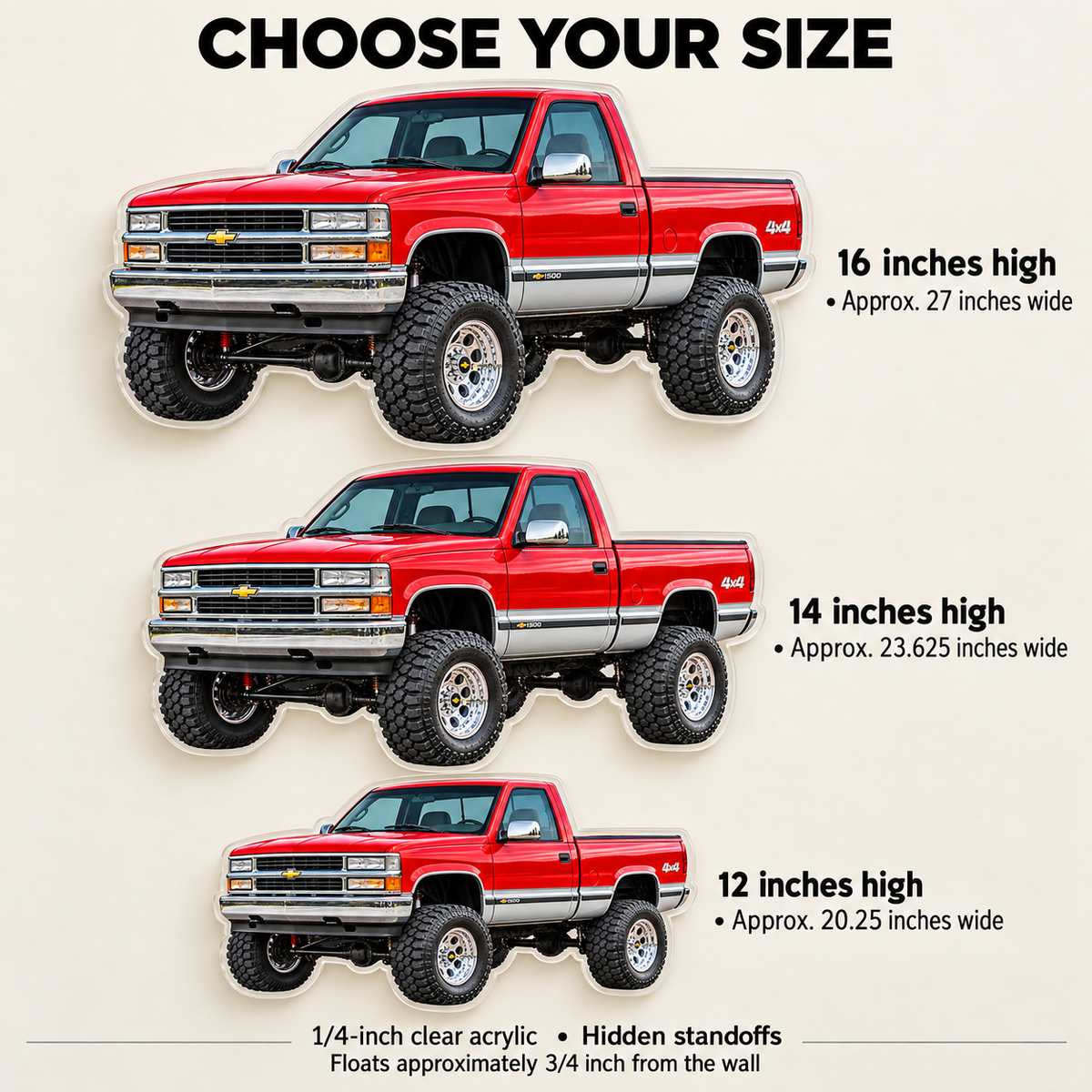 1996 Silverado acrylic sign size guide for 12, 14 and 16 inch heights