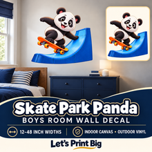 Skate Park Panda – Boys Room Wall Decal summary and bedroom mockup – 12 to 48 inch widths