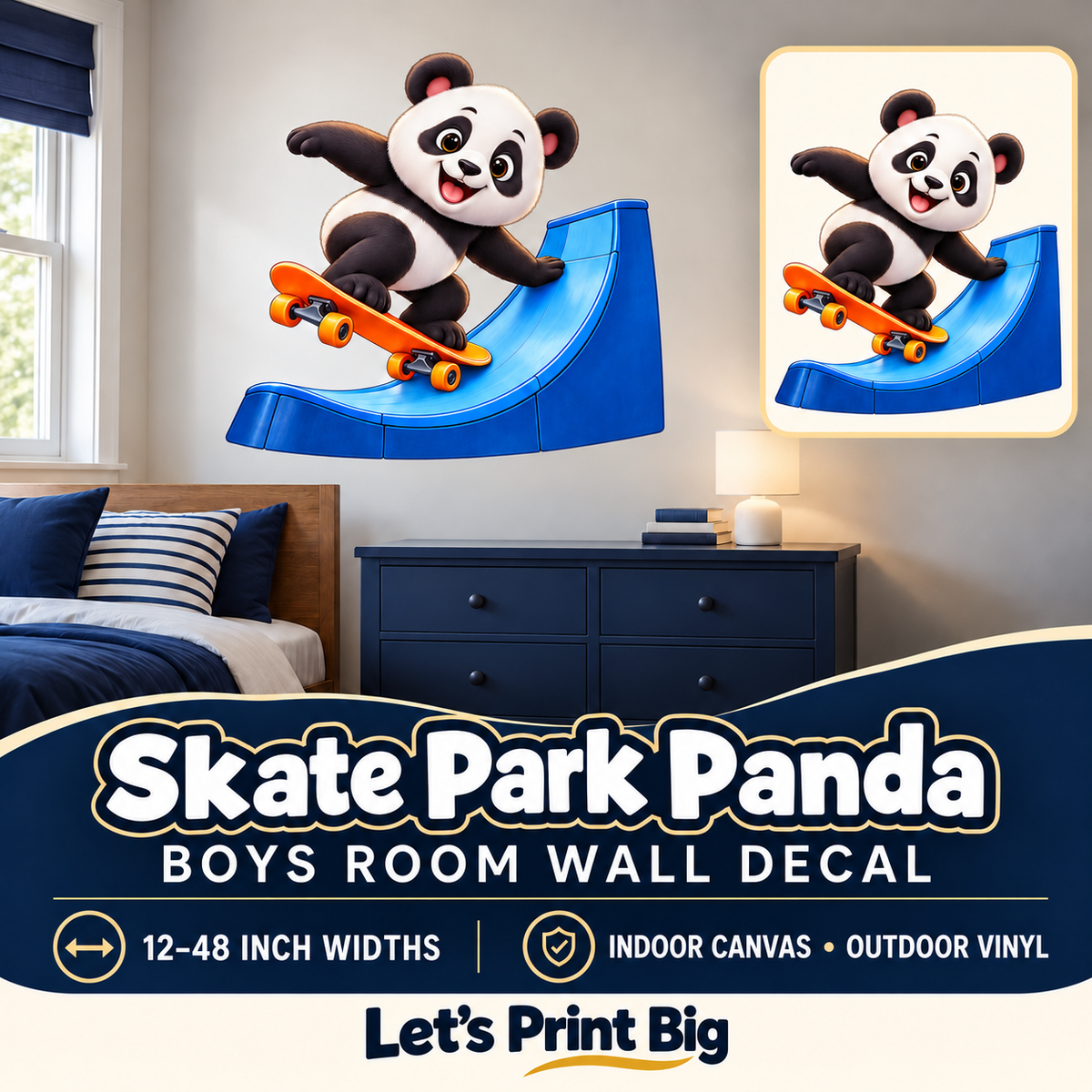 Skate Park Panda – Boys Room Wall Decal summary and bedroom mockup – 12 to 48 inch widths
