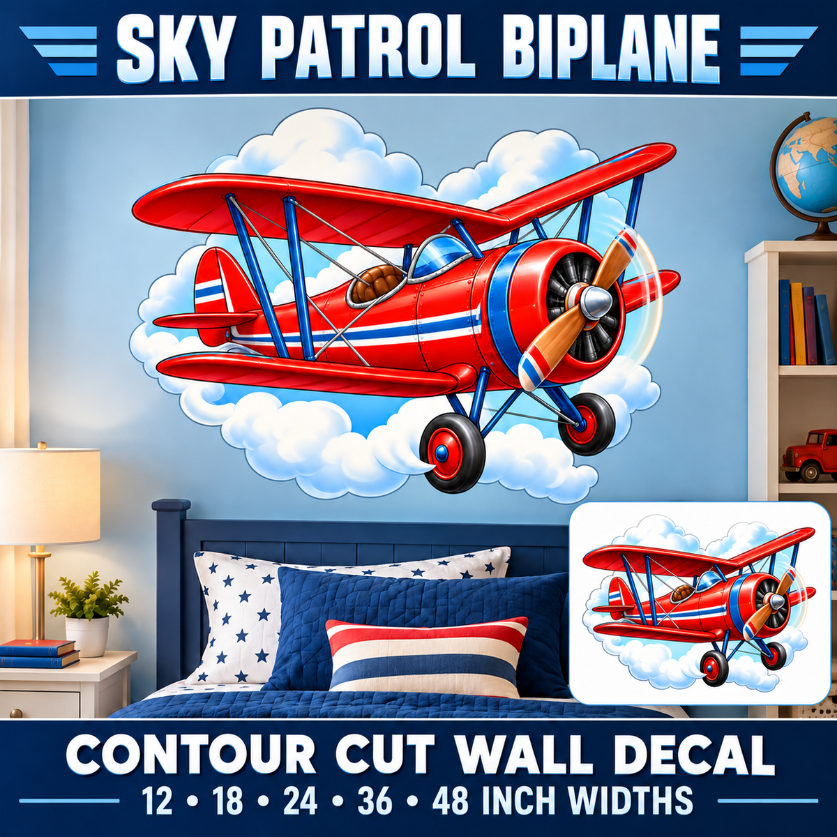 Sky Patrol Biplane – Boys Room Wall Decal summary and bedroom mockup – 12 to 48 inch widths
