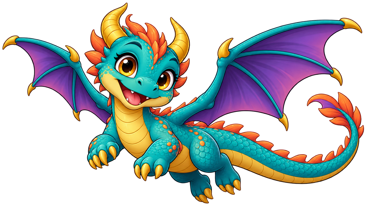 Sky Sprout original teal cartoon dragon with purple wings and golden horns, isolated decal artwork