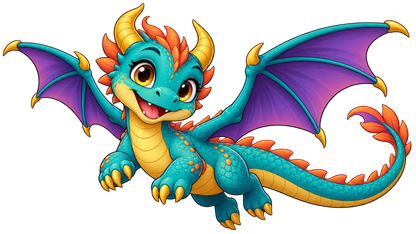 Sky Sprout original teal cartoon dragon with purple wings and golden horns, isolated decal artwork