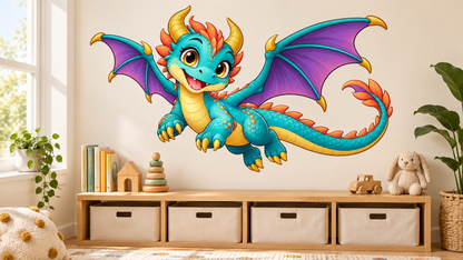 Sky Sprout cartoon dragon wall decal playroom mockup; display size is illustrative