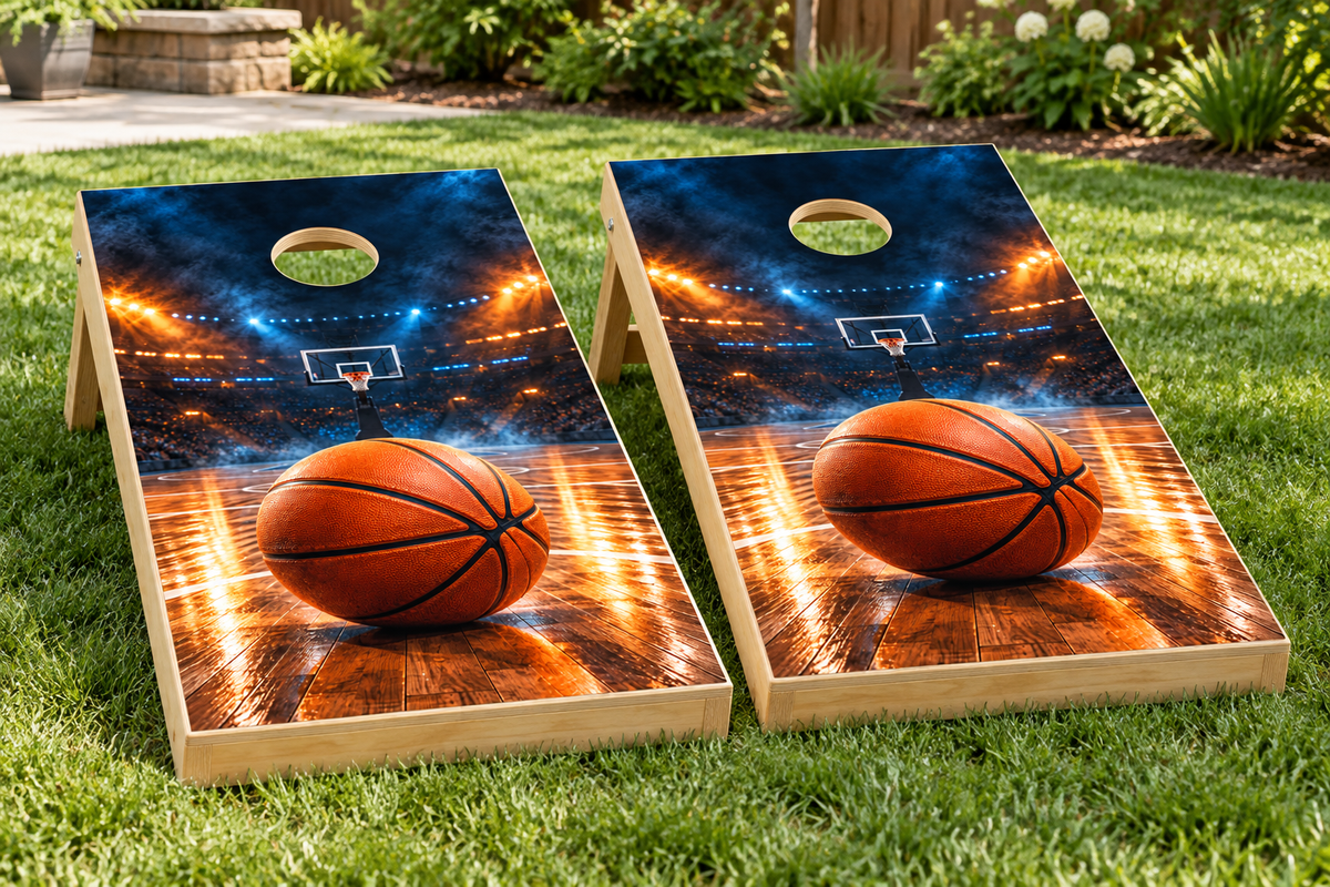 Slam Dunk Basketball installed cornhole board mockup; boards not included