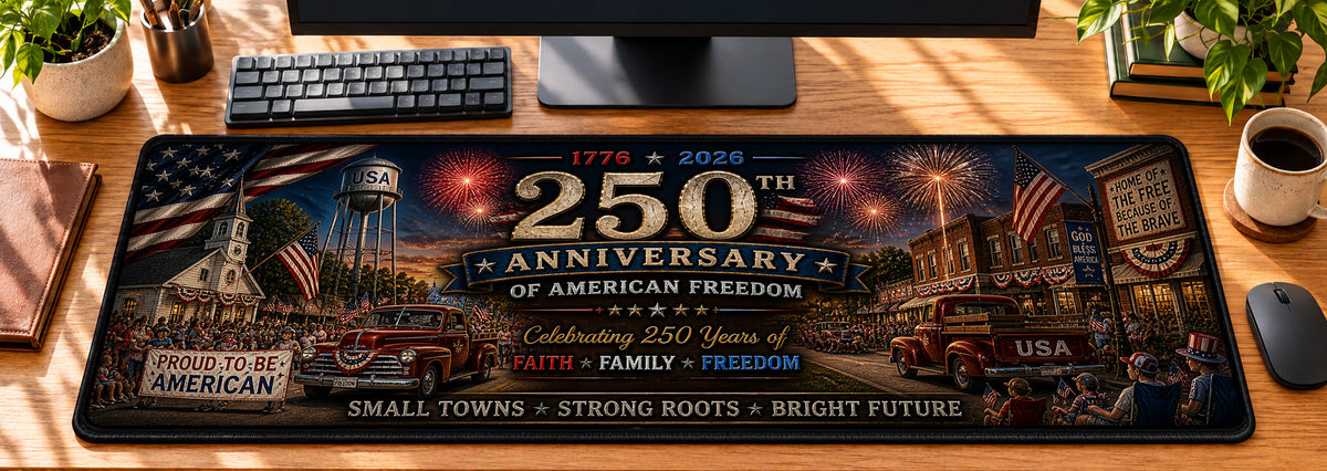 Small Town USA Celebration Desk Mat in use on a warm wood office desk — overhead workspace view