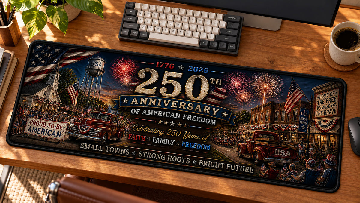 Small Town USA Celebration Desk Mat in use on a warm wood office desk — angled workspace view