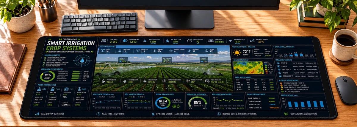 Smart Irrigation Crop Systems Desk Mat in use on a warm wood office desk — overhead workspace view