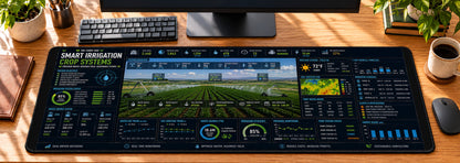 Smart Irrigation Crop Systems Desk Mat in use on a warm wood office desk — overhead workspace view